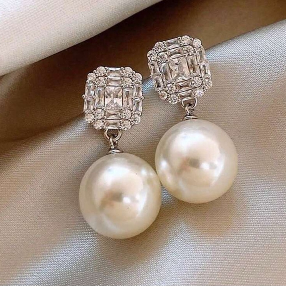 Stainless Steel Faux Pearl Rhinestone Drop Earrings